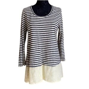 Cut Loose Yellow Gray Cotton Linen Long Sleeve Tunic Top Relaxed Fit Med